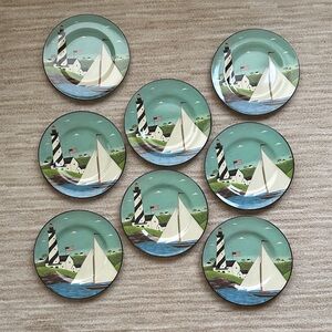 Sakura Melamine COASTAL BREEZE Set/8 Lunch Plates Sail Boat Lighthouse W.Kimble
